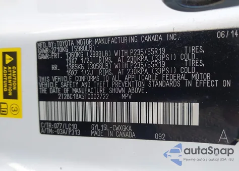 2015 Lexus Rx 450H 450H z USA, uszkodzony, nr VIN 2T2BC1BA5FC002722